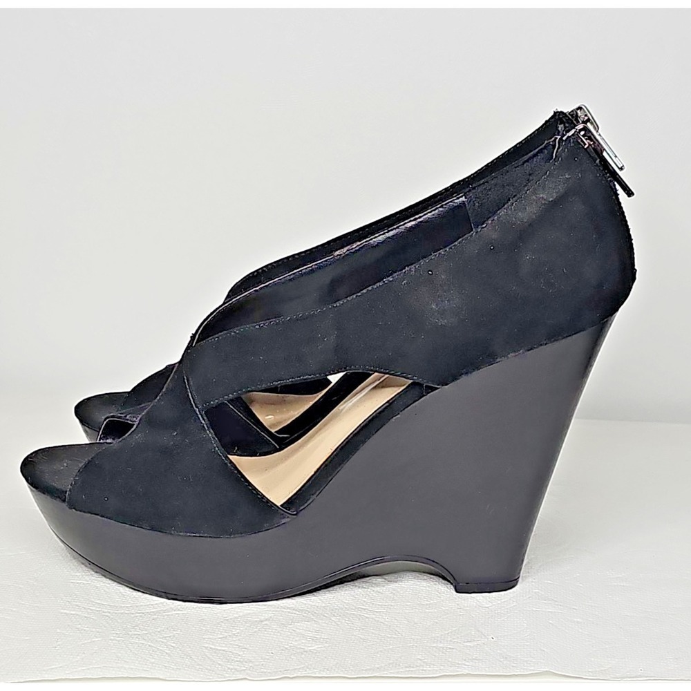 Nine West Black Suede Peep Toe Wedge Heels | Back Zip | Size 7.5
